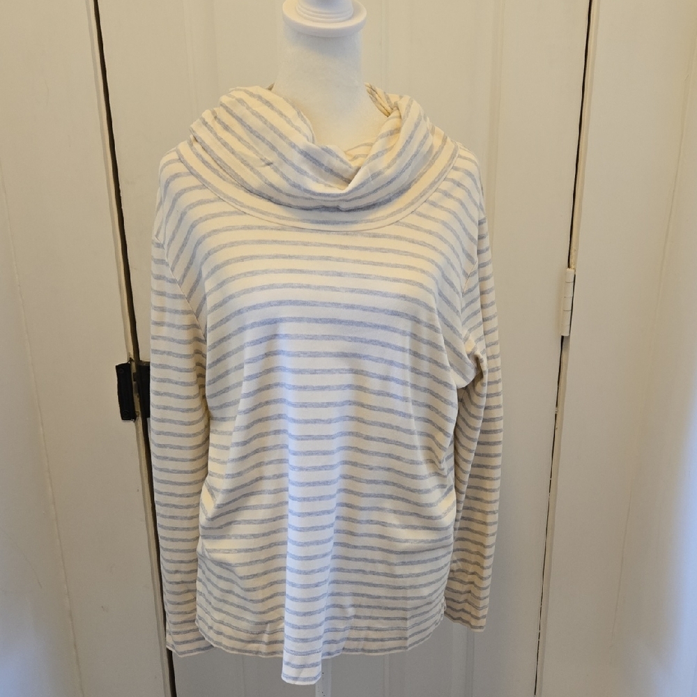 L.L. Bean Striped Cowl Neck Sweater - Cream and Gray